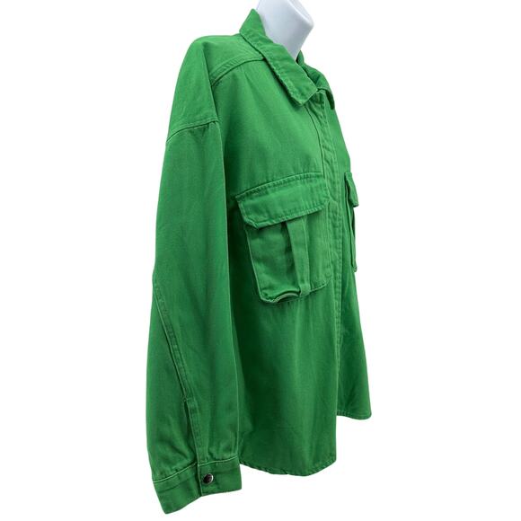 If It Were Me Denim Shacket WMNS L Apple Green Cotton Utility Pockets Button Up - Picture 3 of 8
